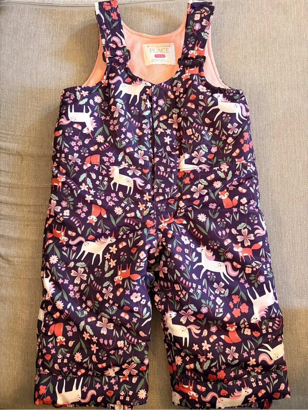 The Children's Place Unicorn Print Puffer Snow Overalls - Purple & Pink